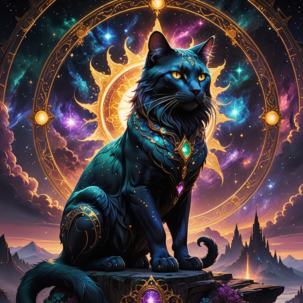 Celestial Majesty: A Cosmic Cat with an Ethereal Rider