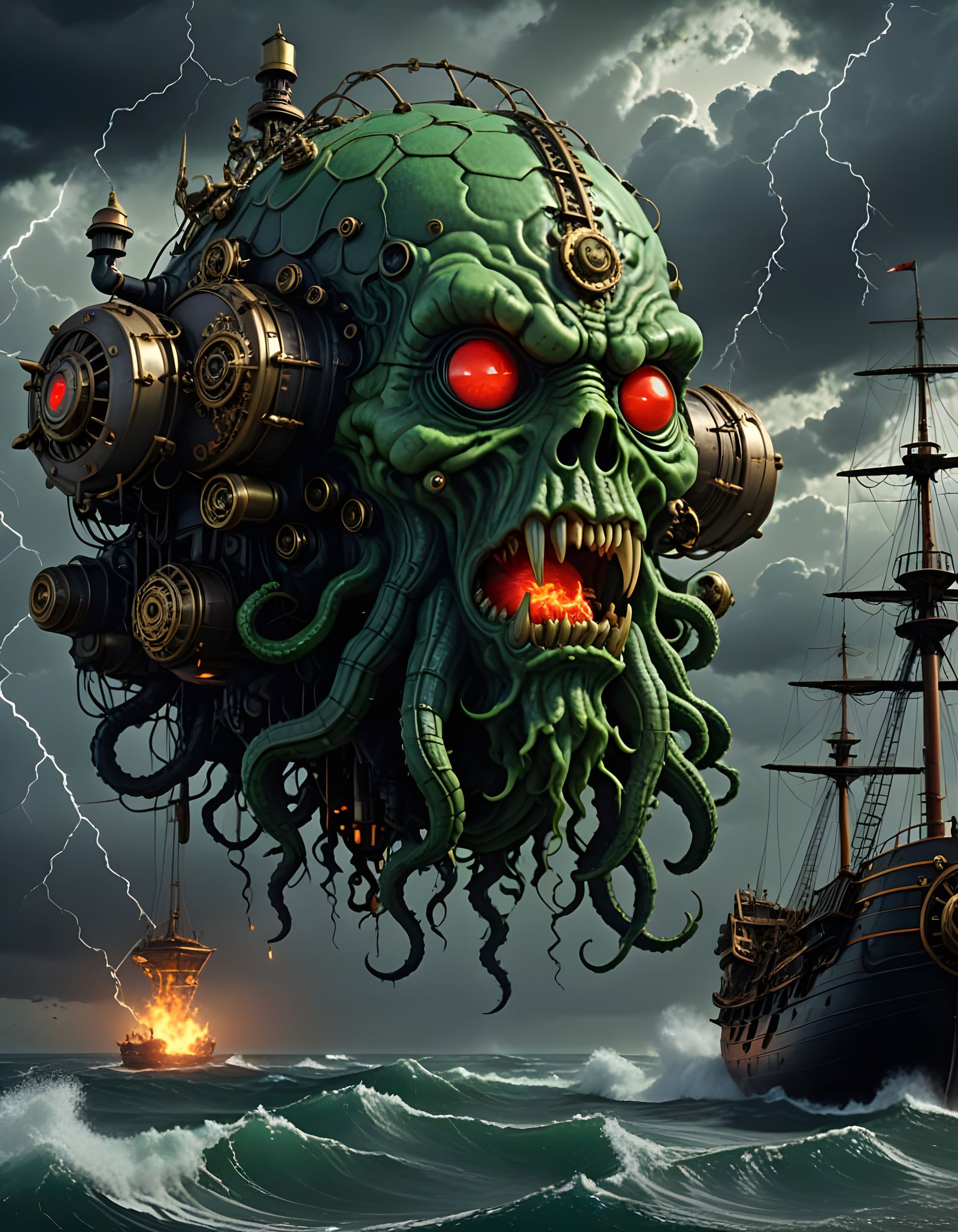 Cthulhu Monster Emerges from Thundercloud in Steampunk Storm