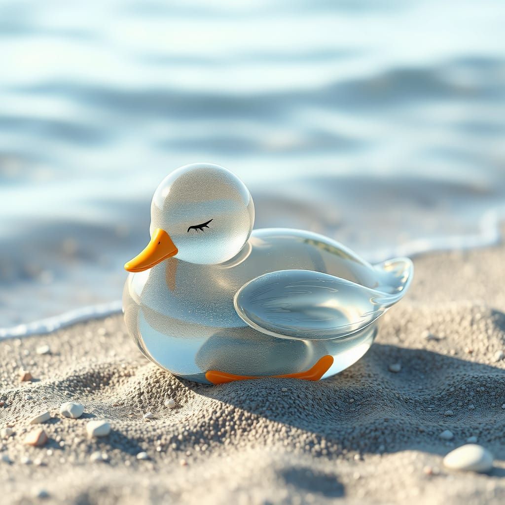 Glass Duckling Sleeping on Beach: 3D Anime Art