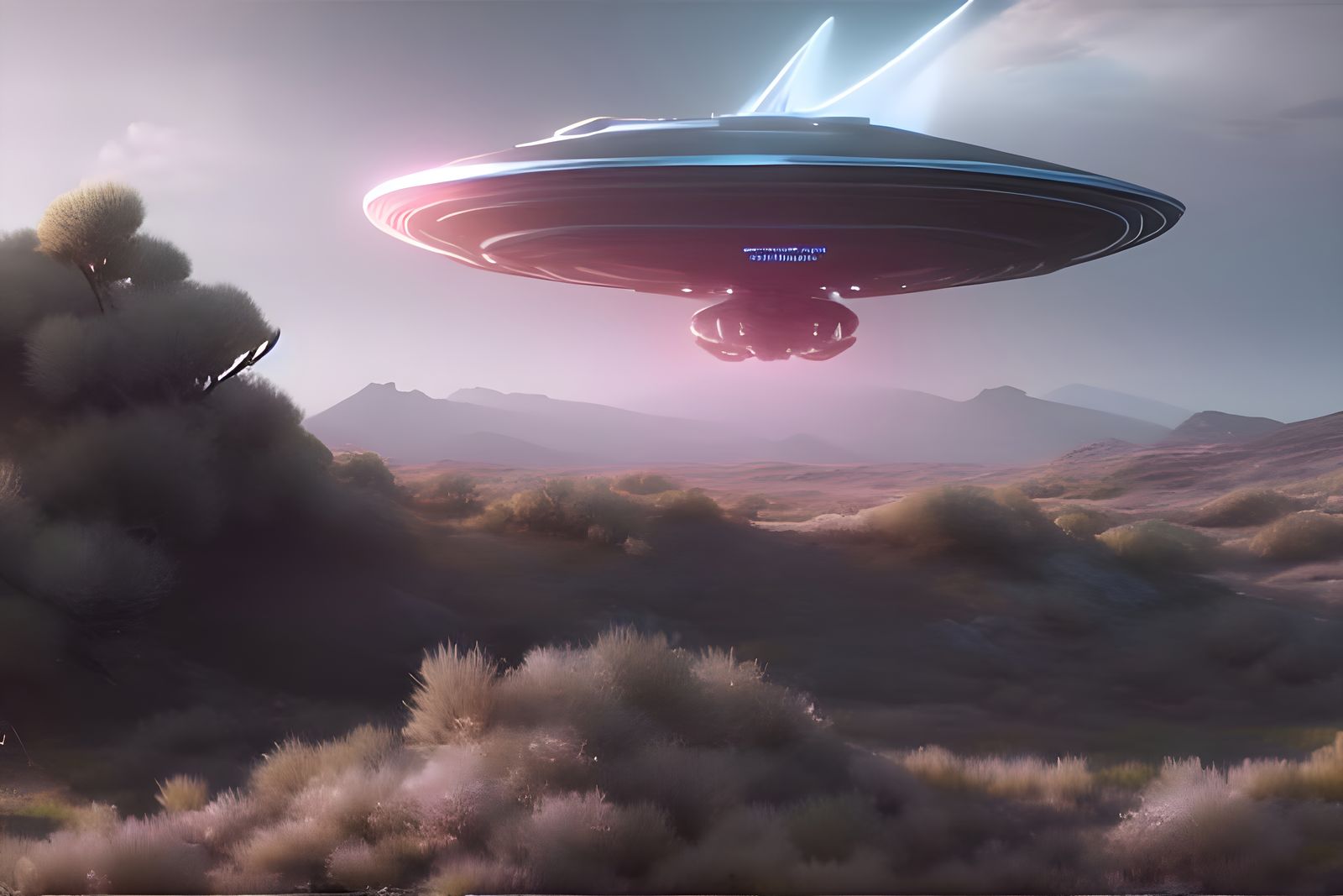 UFO Beamship Over Desert Landscape: Hyperdetailed Rendering