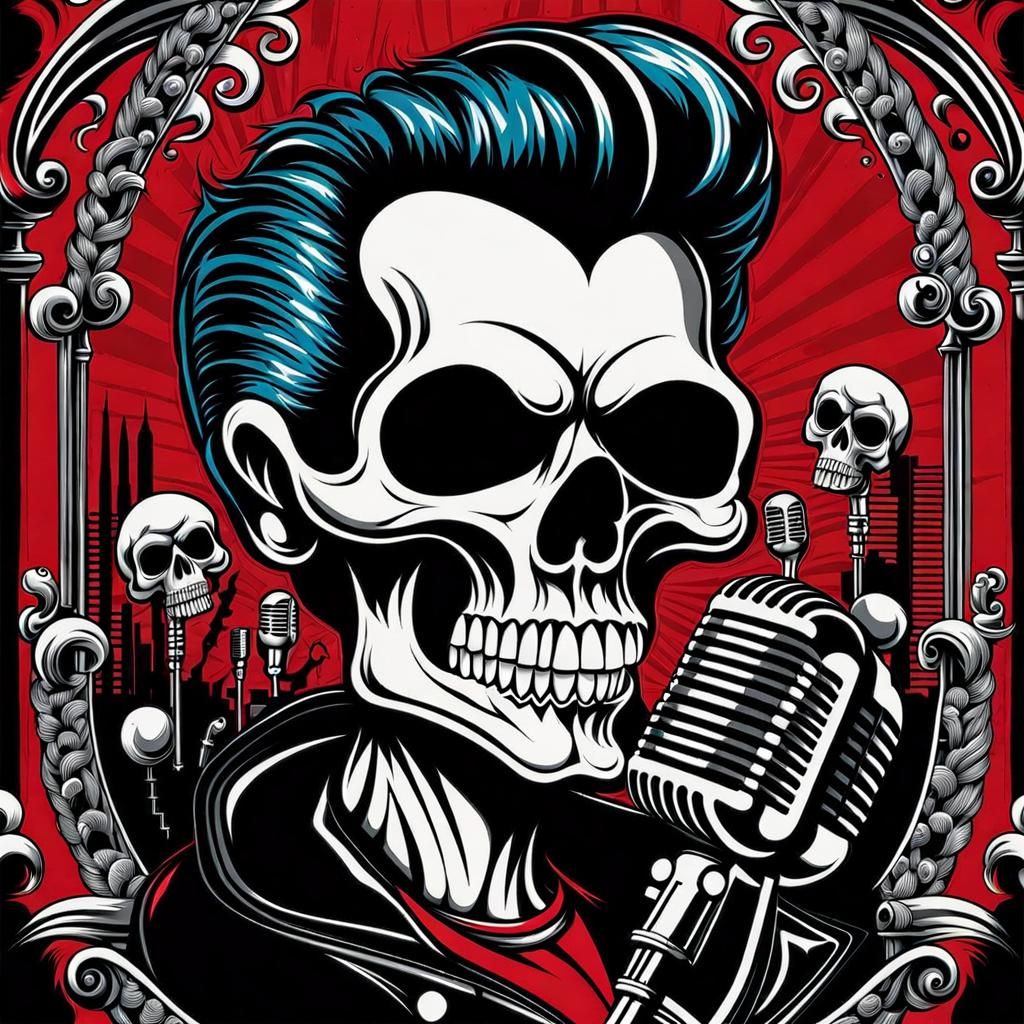 Rockabilly Skull Singer with Hot Rods Ink Art