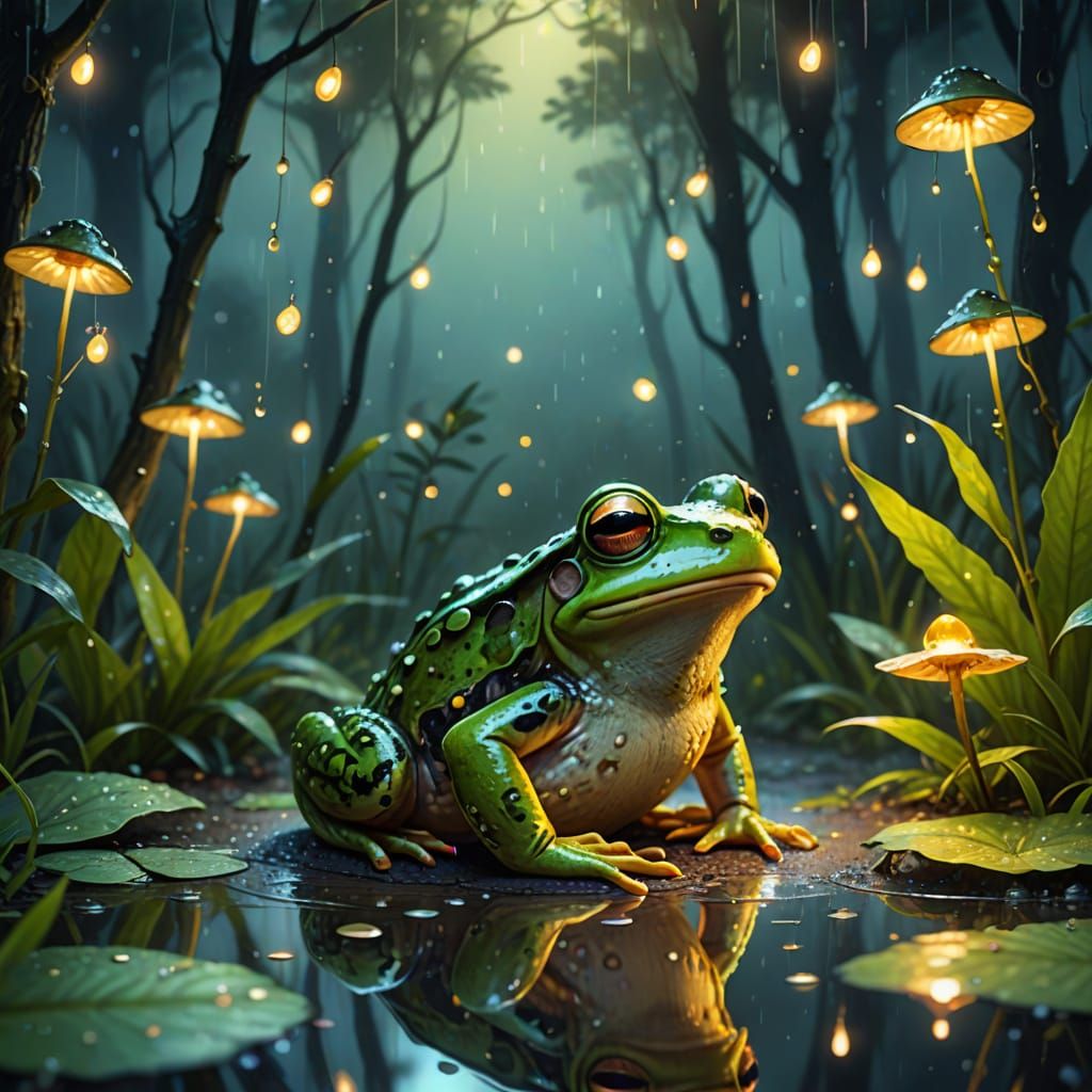Whimsical Watercolor Scene of a Frog and Fireflies in the Ra...