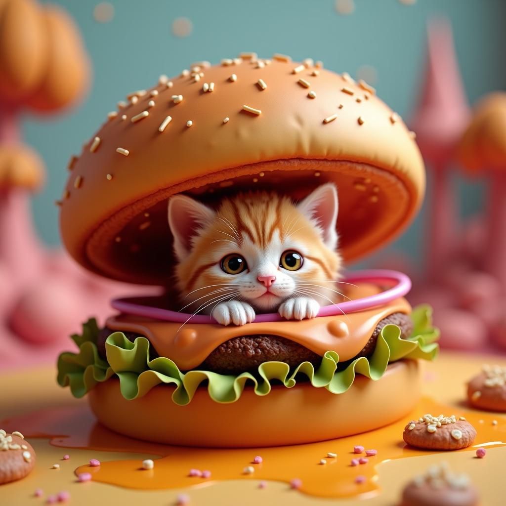 Kitten in Hamburger: Dreamlike Concept Art