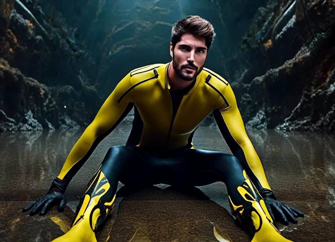 Helpless Muscular Man in Yellow Wetsuit: Fantasy Art