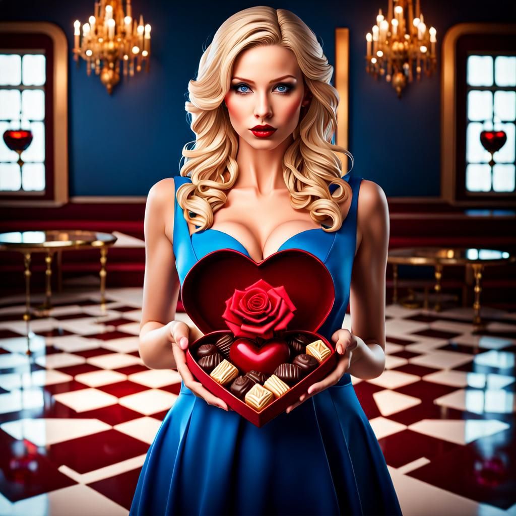 cute woman holding box with chocolats and rose