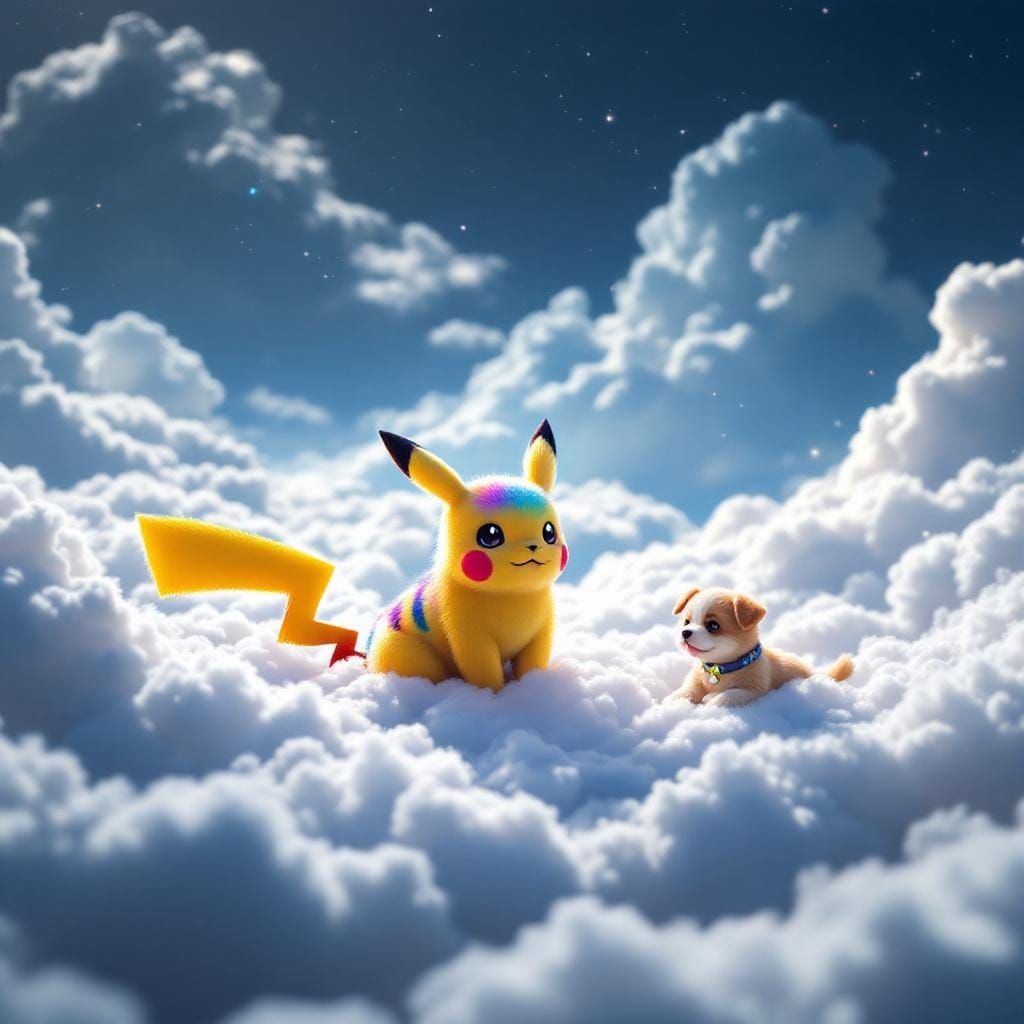 Rainbow Pikachu on Clouds with Puppy, Hyperrealistic HDR