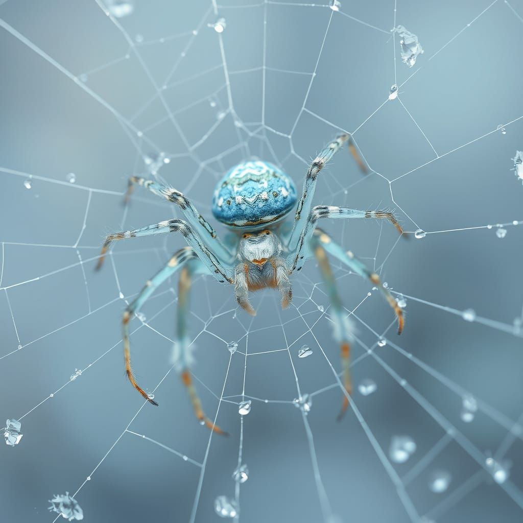 Glacier Blue Spider Weaves Icy Web in Hyper-Realistic Winter...