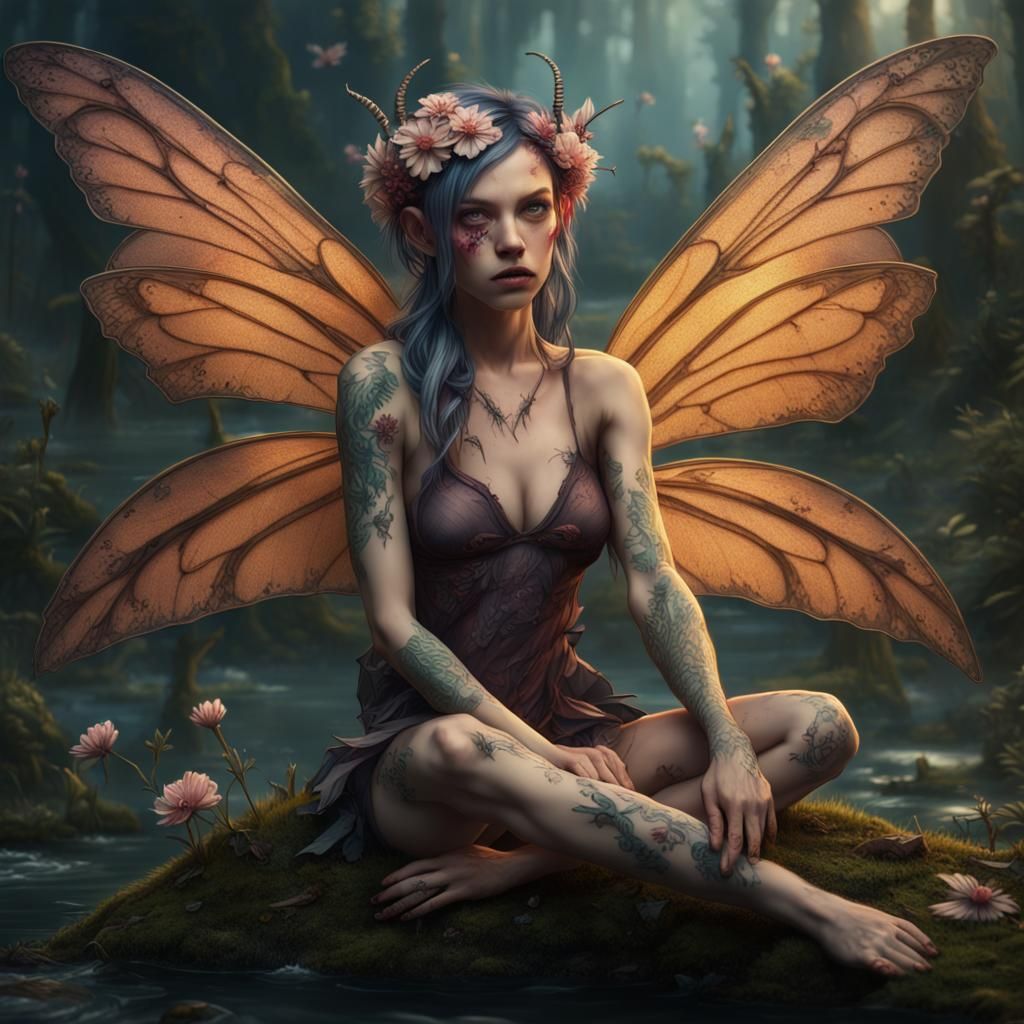 Tattooed Fairy Girl with Insect Wings in Swamp