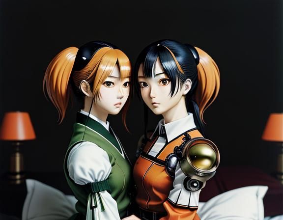 Kemono Twin Sisters Kissing: Manga-Style Steampunk Illustrat...