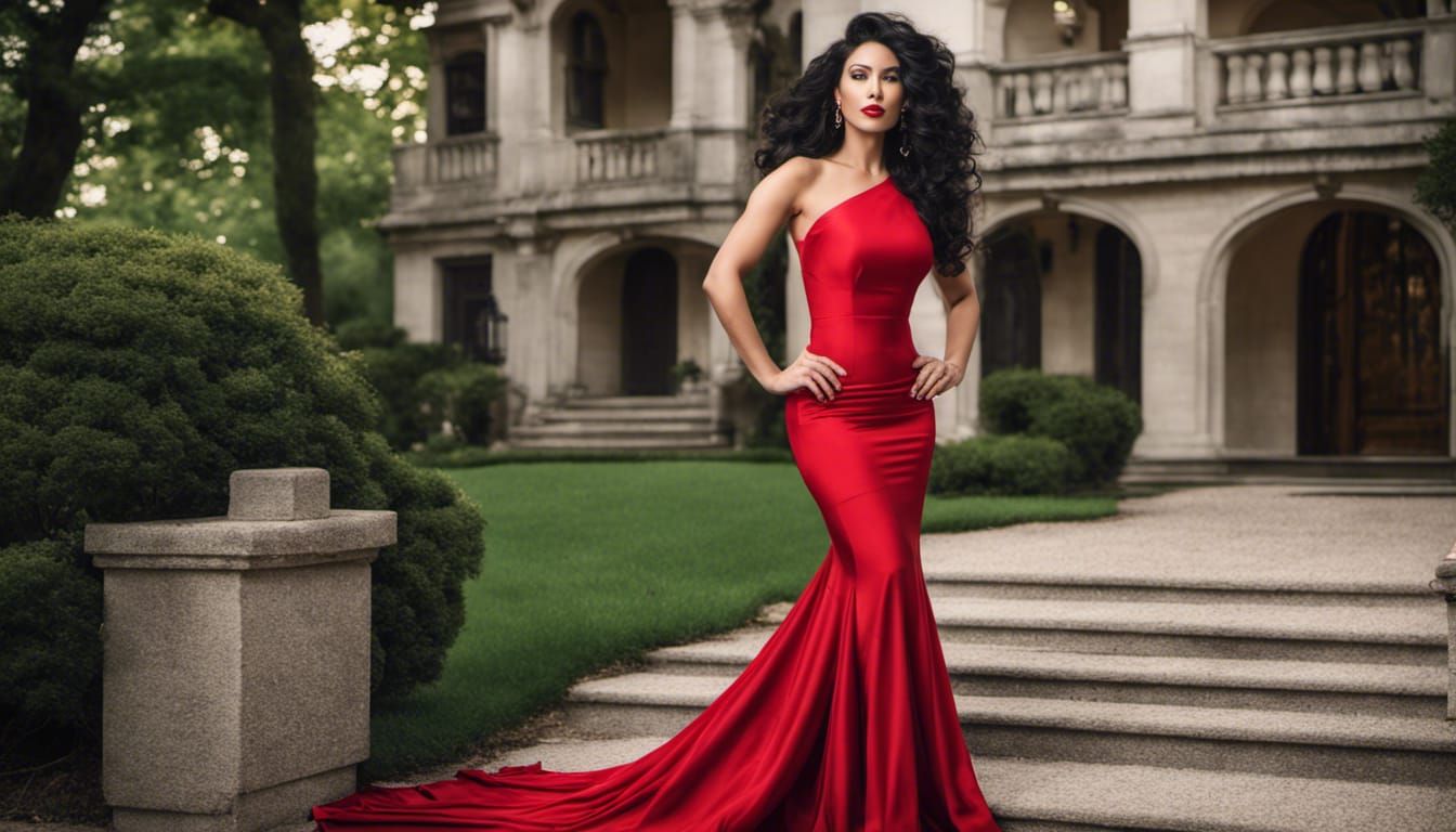 Woman in Red Gown with Dog near Mansion