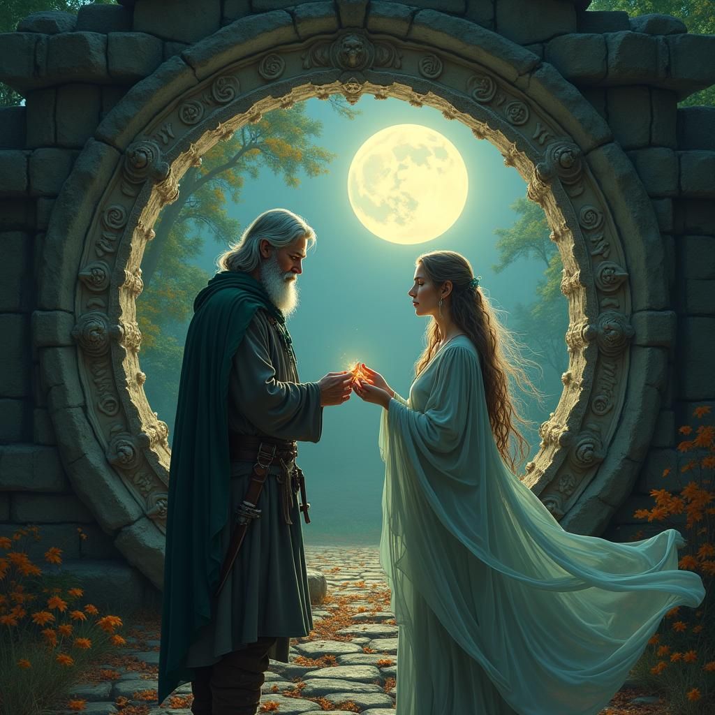 Ranger and Spirit Share a Moment in Mystical Forest