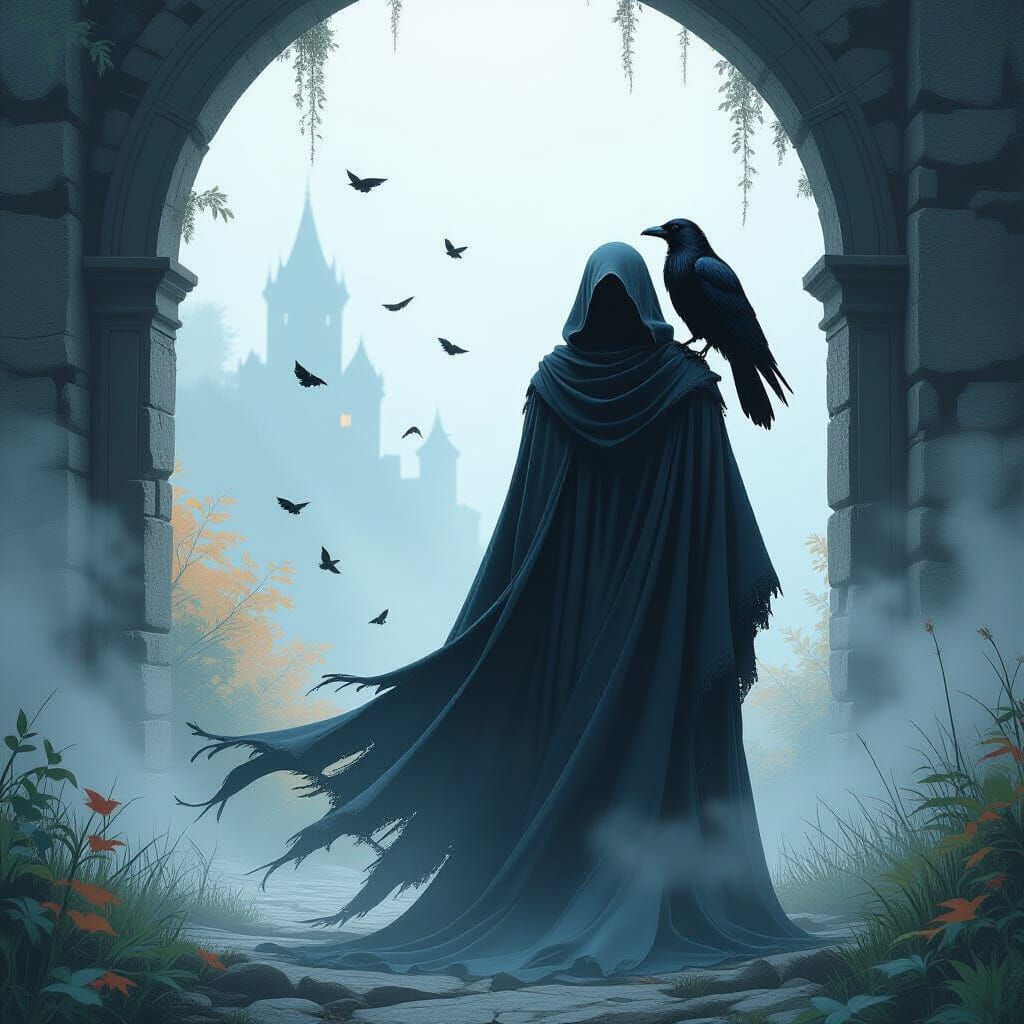 Mysterious Figure with Raven in Vibrant Landscape