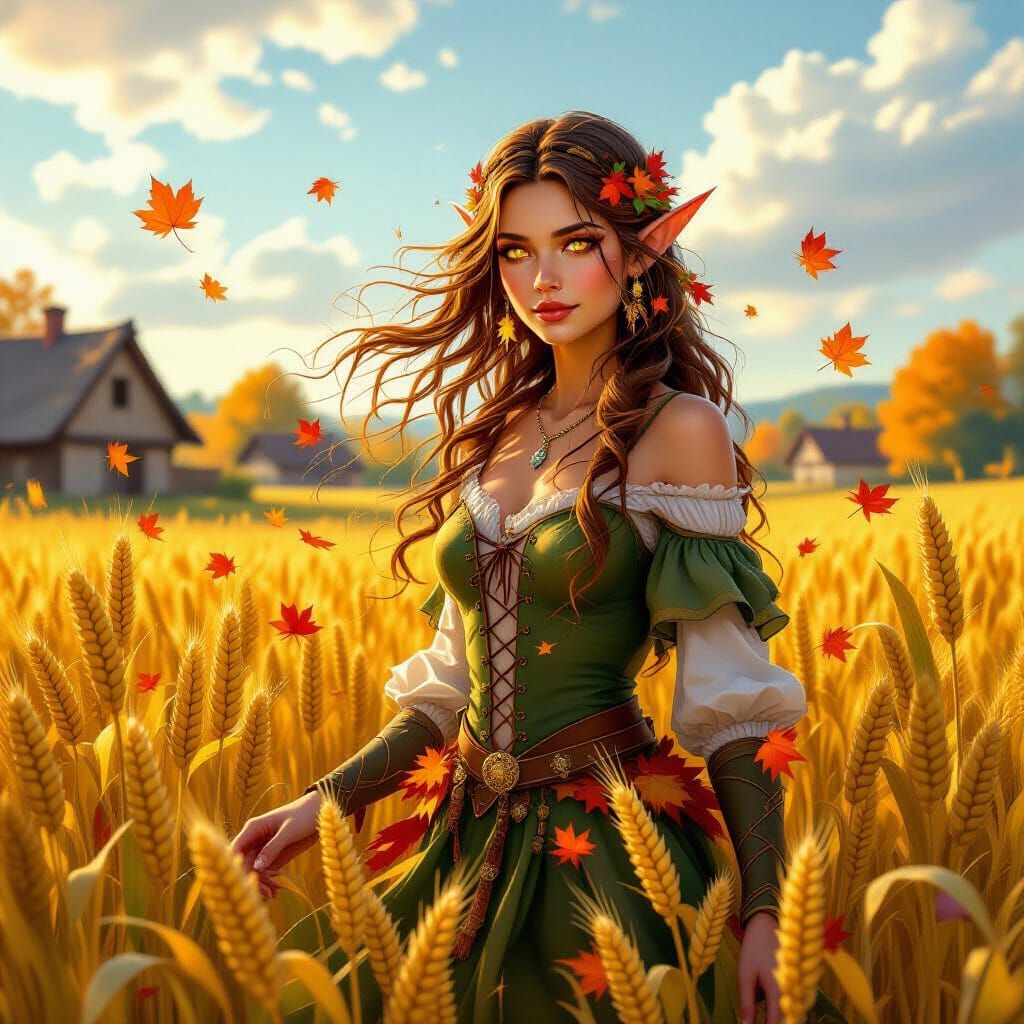 Autumn Elf in Golden Wheat Field