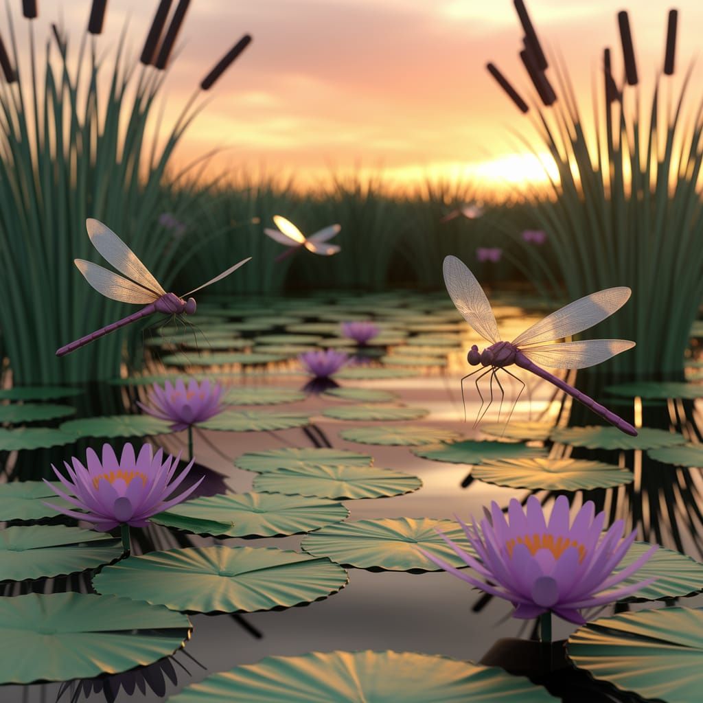 Serene Sunset Water Scene with Dragonflies and Water Lilies
