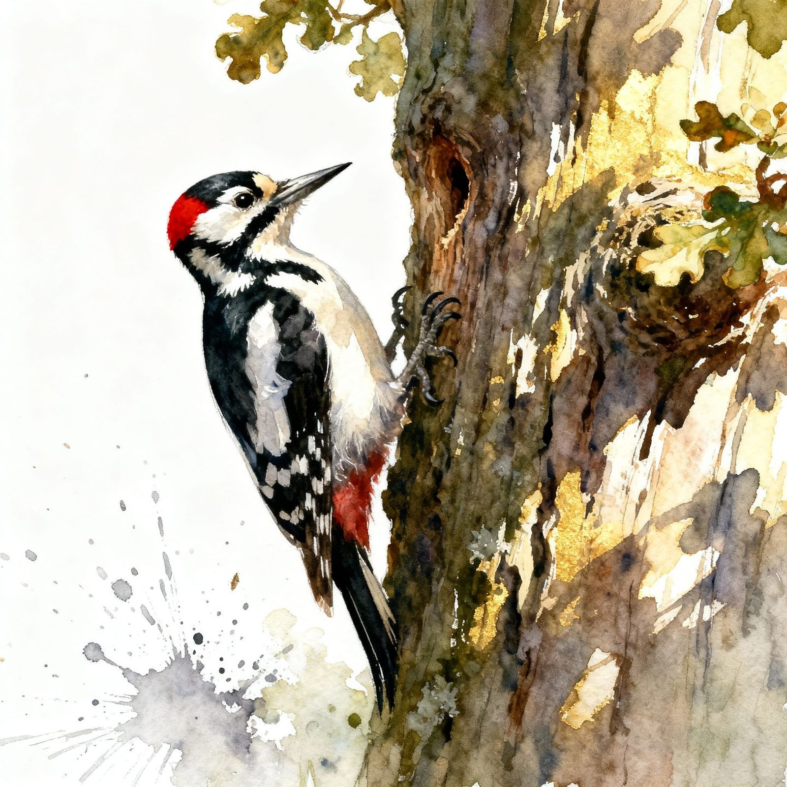 Woodpecker on Oak Tree in Watercolour Style