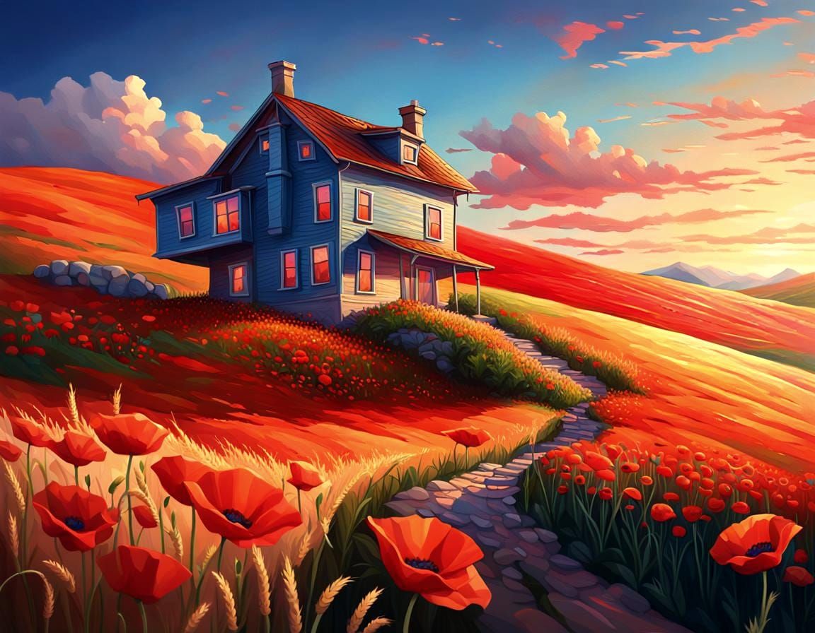Hyperrealistic House on Hill with Wheat and Poppies