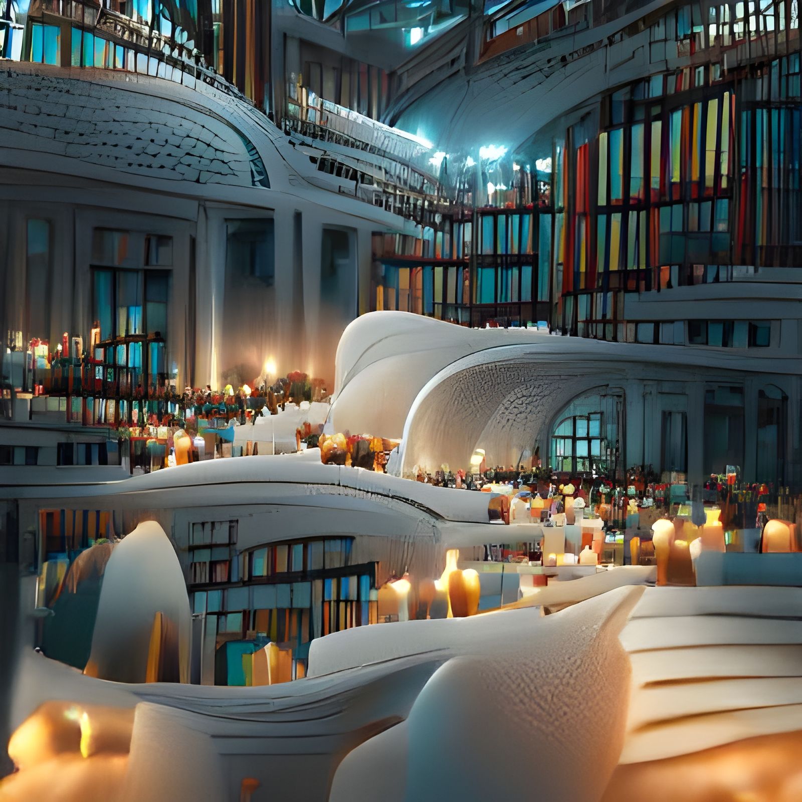 Gigantic Night Library Illuminated by Candles