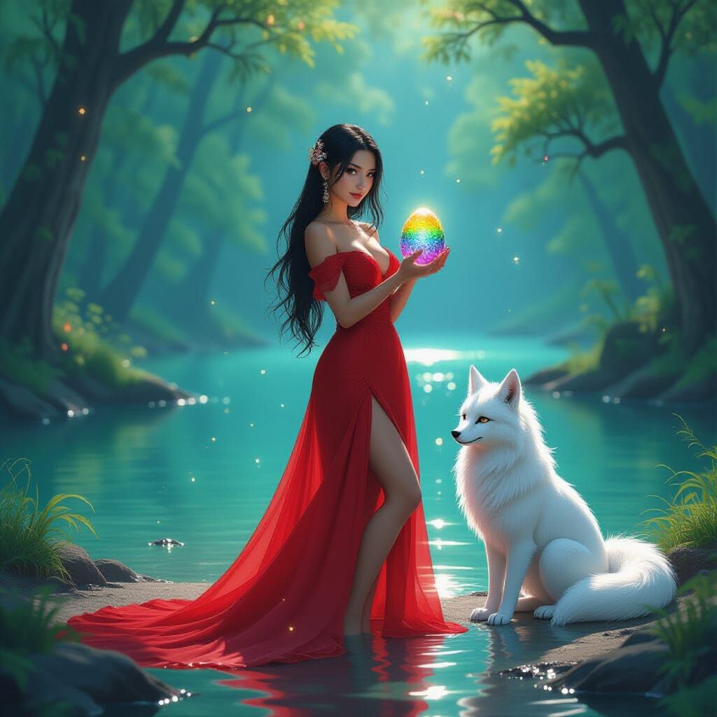 Elegant Woman with Dragon Egg in Magical Forest