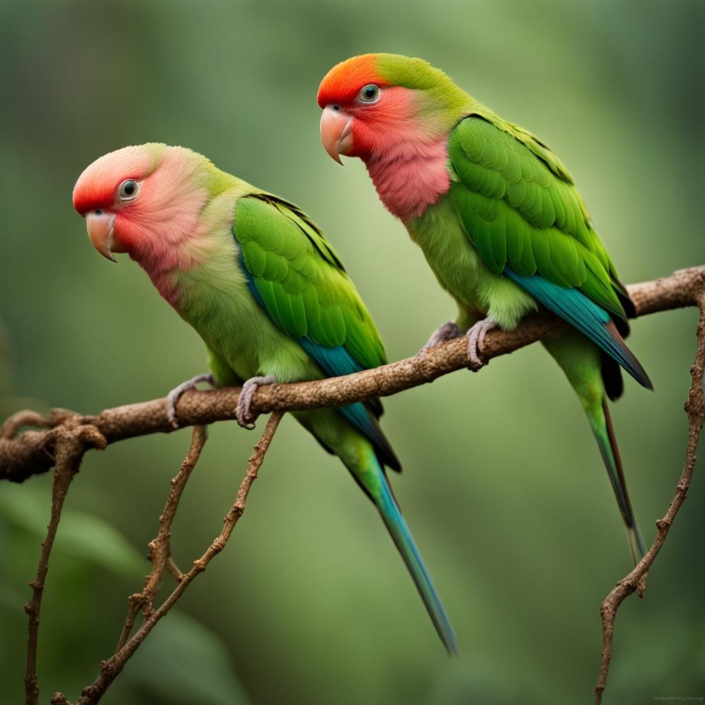 Rosy-Faced Lovebirds in Rainforest, Detailed Photography