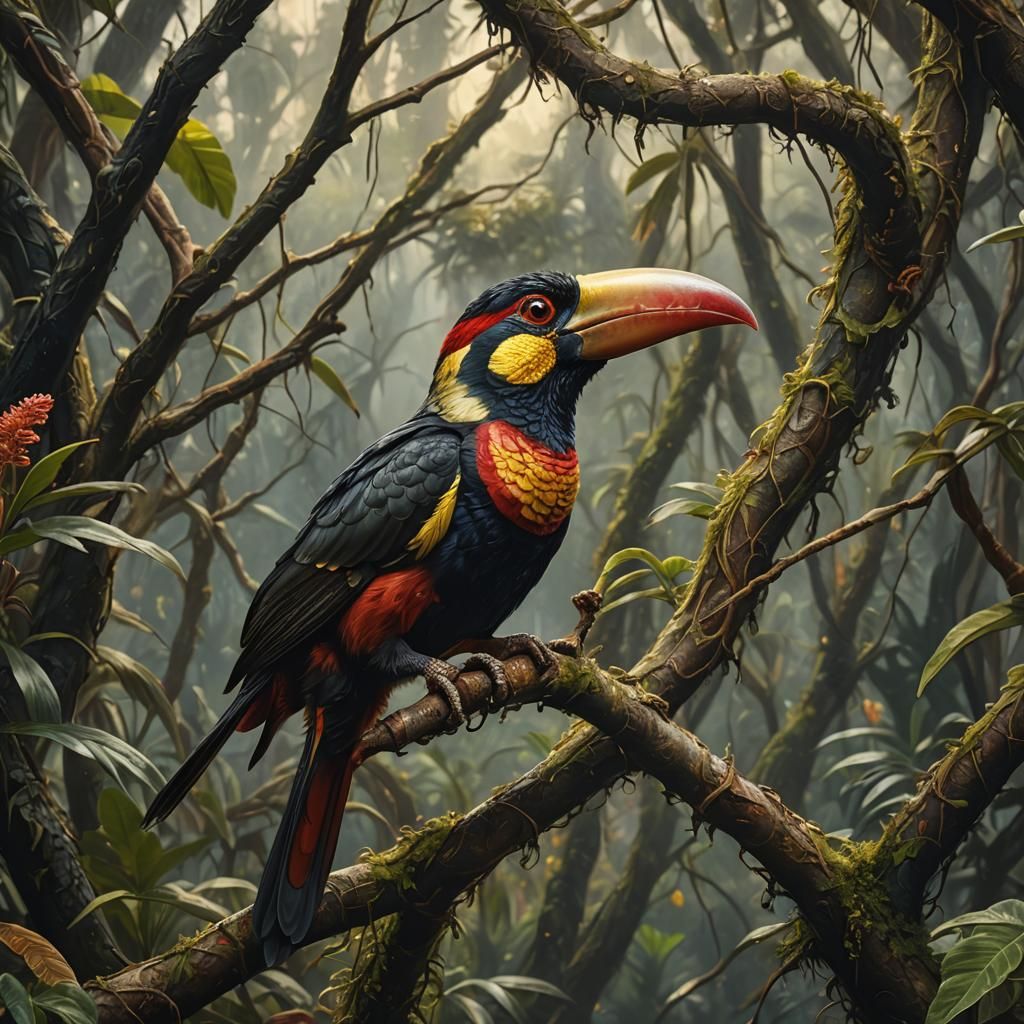 Curl-Crested Aracari Bird in Detailed Oil Painting
