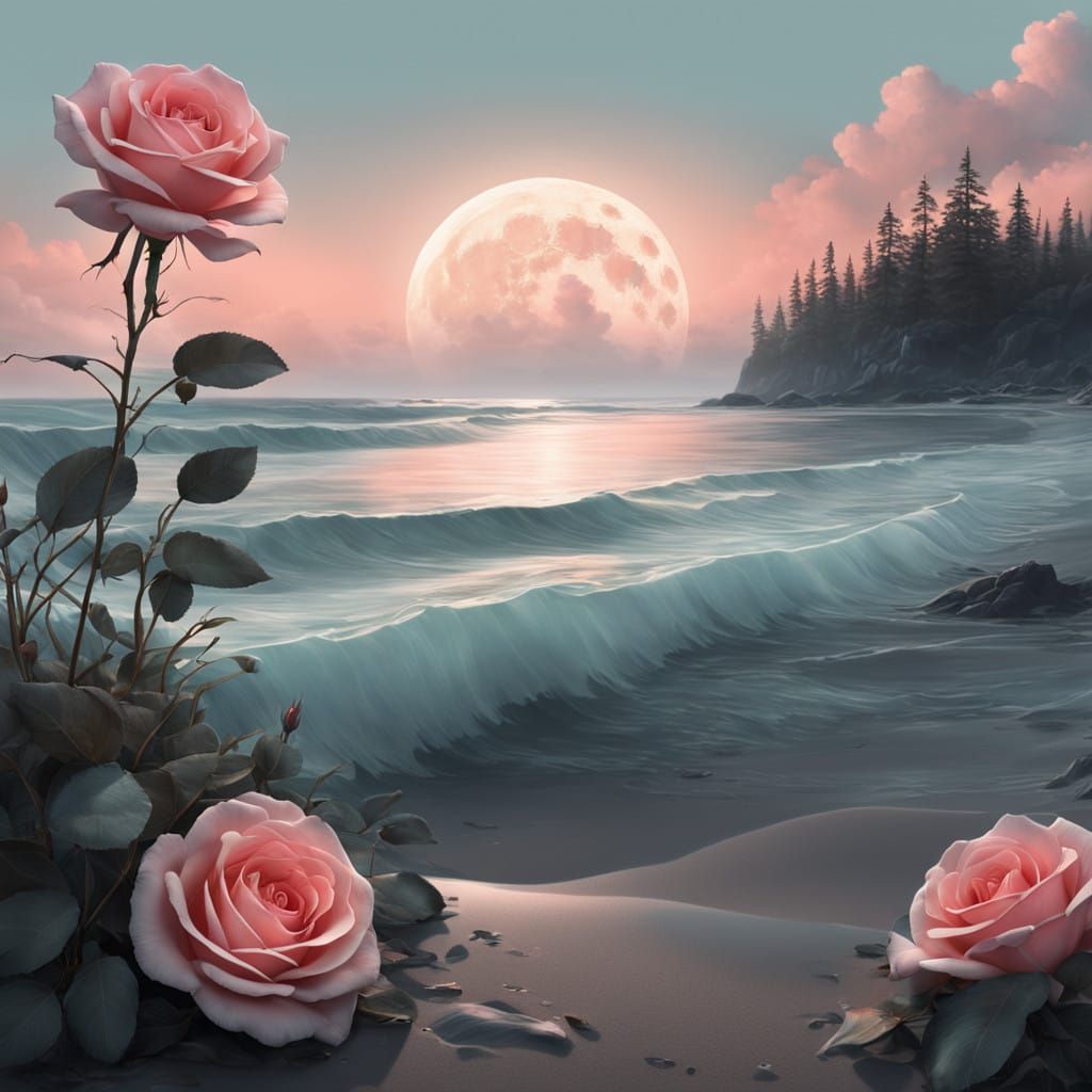 Dreamlike Ocean Scene with Rose and Moon in Hyperrealistic S...