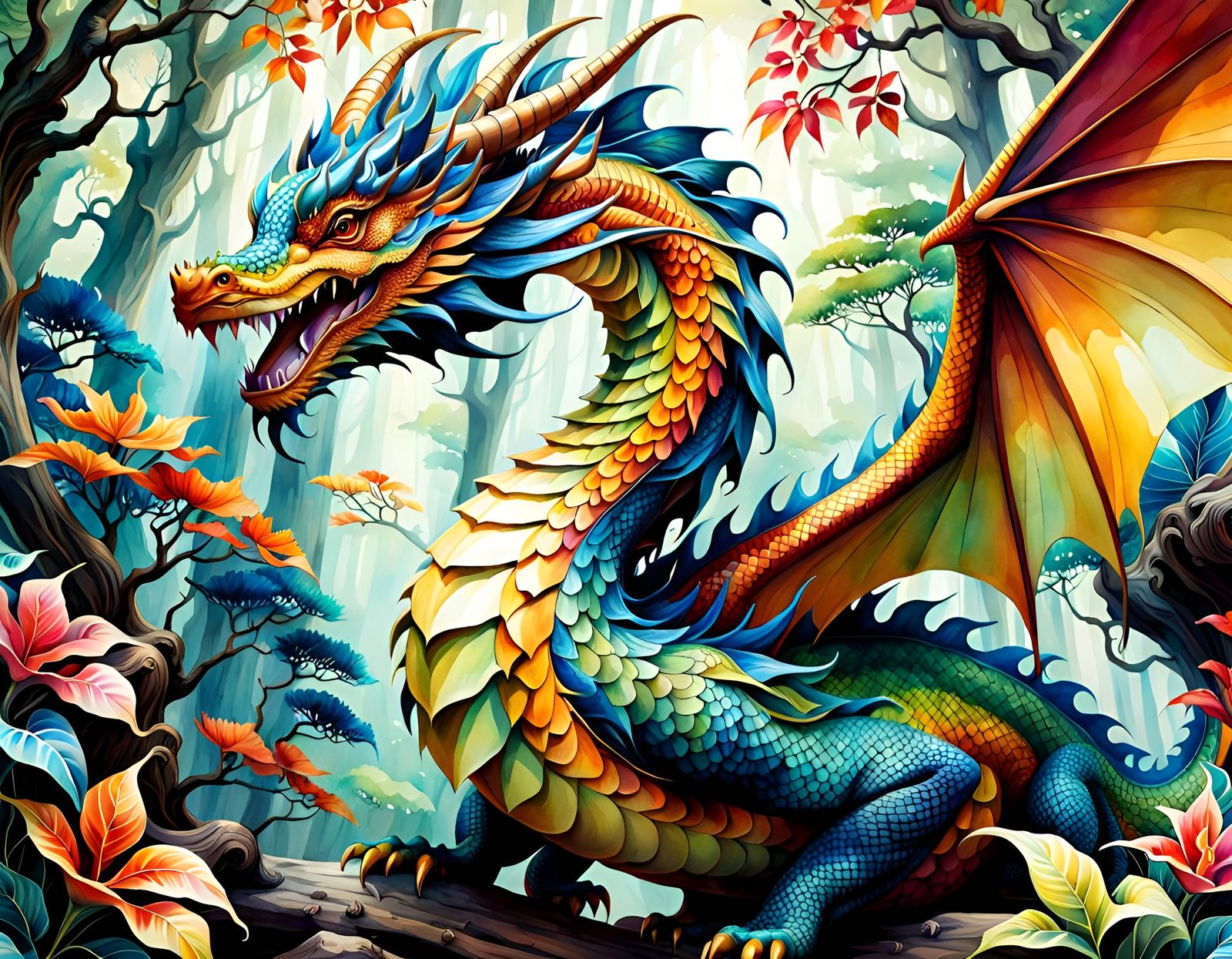 Spectacular Wood Dragon Watercolor Illustration