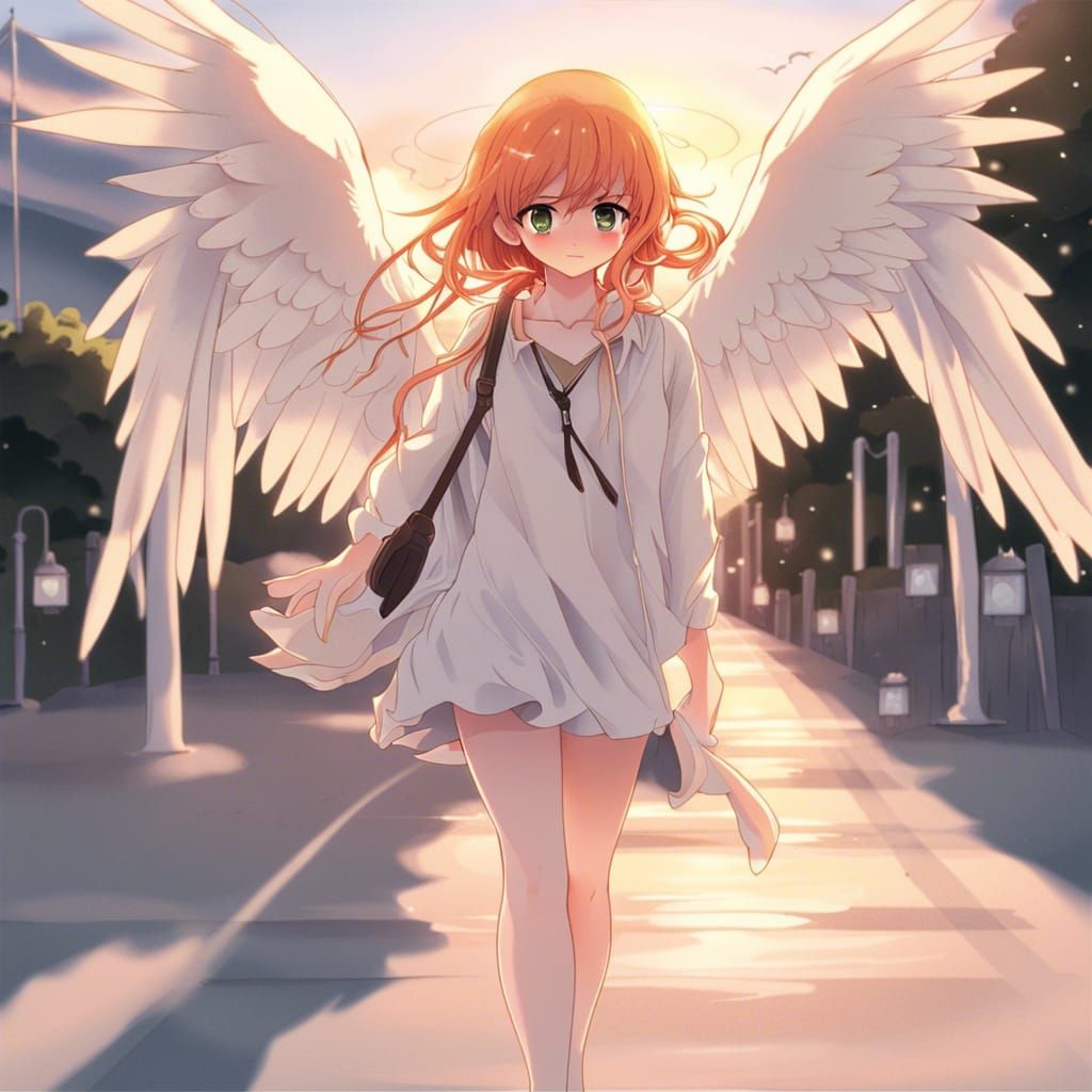 Angel Girl Walks into Sunset: Anime Style