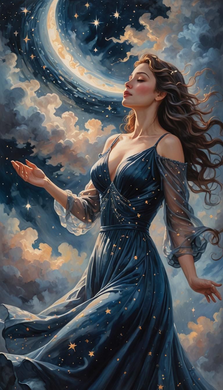 Celestial Dreamscape: Woman Reaching for the Moon