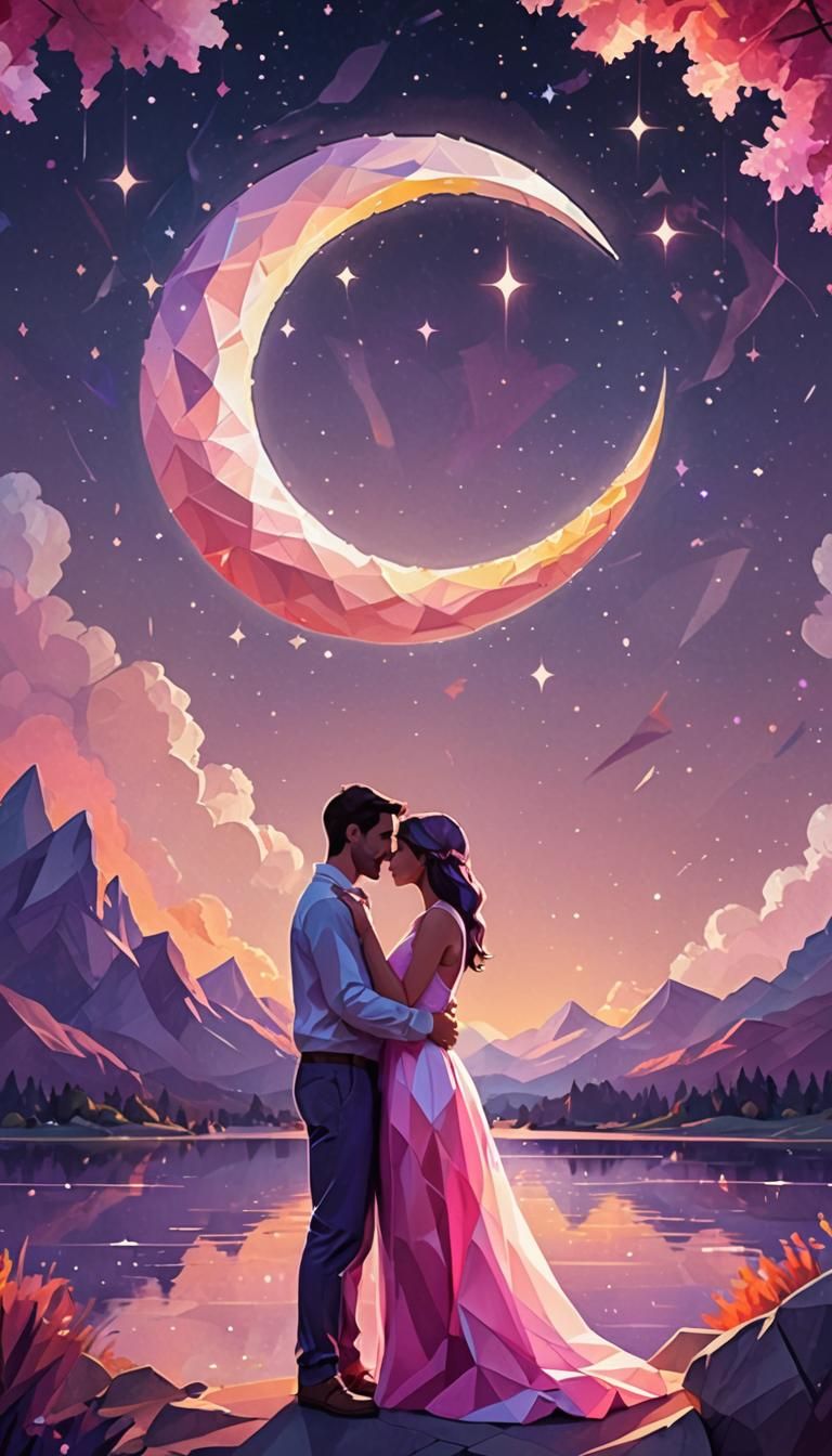 Couple Embracing Under Moon in Low-Poly Art