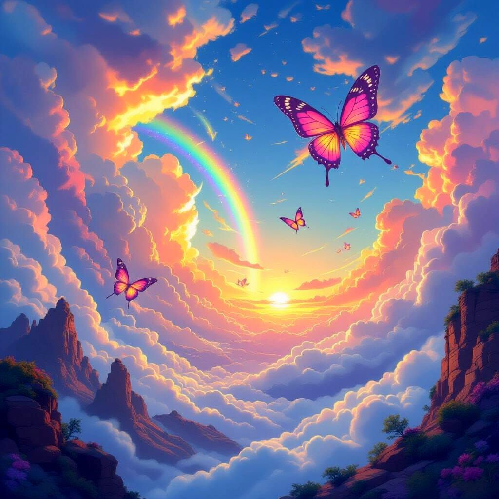 Vibrant Alien Sky with Giant Butterflies