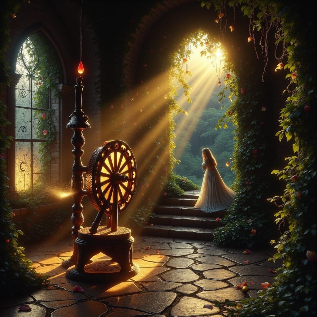 Enchanted Spinning Wheel in Castle Tower, Fairytale Scene