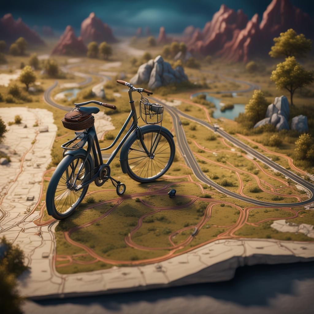 Road Map with Bicycle Figurine in Detailed Matte Painting