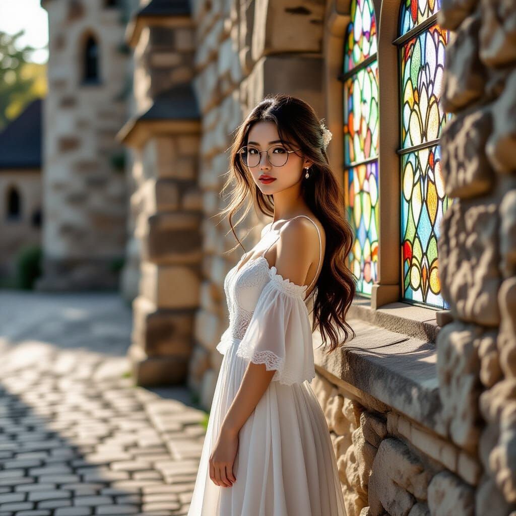 Elegant Woman by Castle Wall in Art Nouveau Style