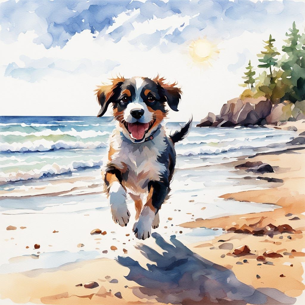Whimsical Beach Puppy in Vibrant Watercolor