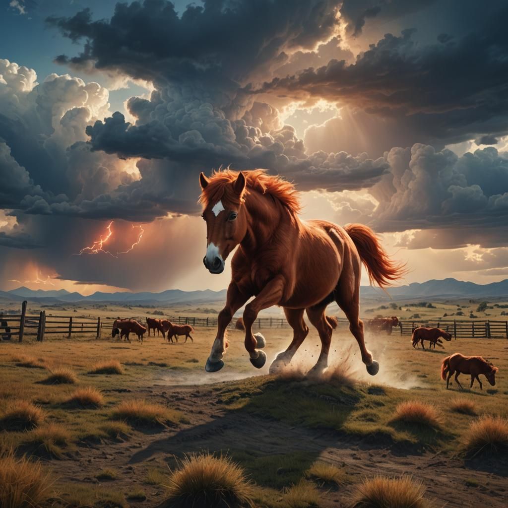 Fiery Red Pony on Cattle Ranch in Fantasy Realism