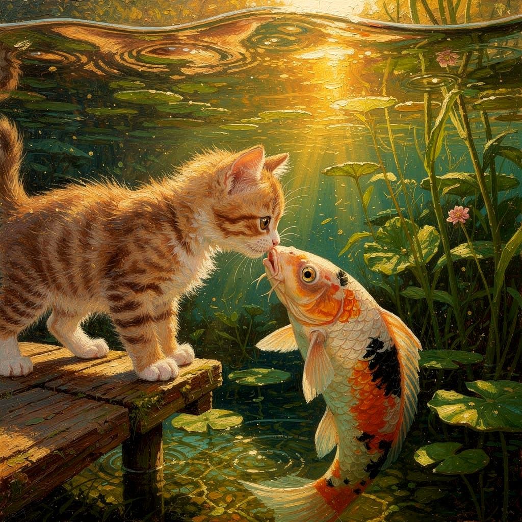 Cute Kitten and Koi Fish Interaction in Textured Oil Paintin...