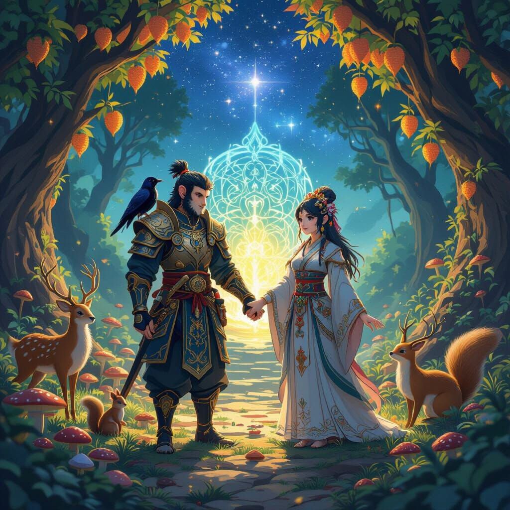 Monkeys Holding Hands in Anime Style Forest Portal