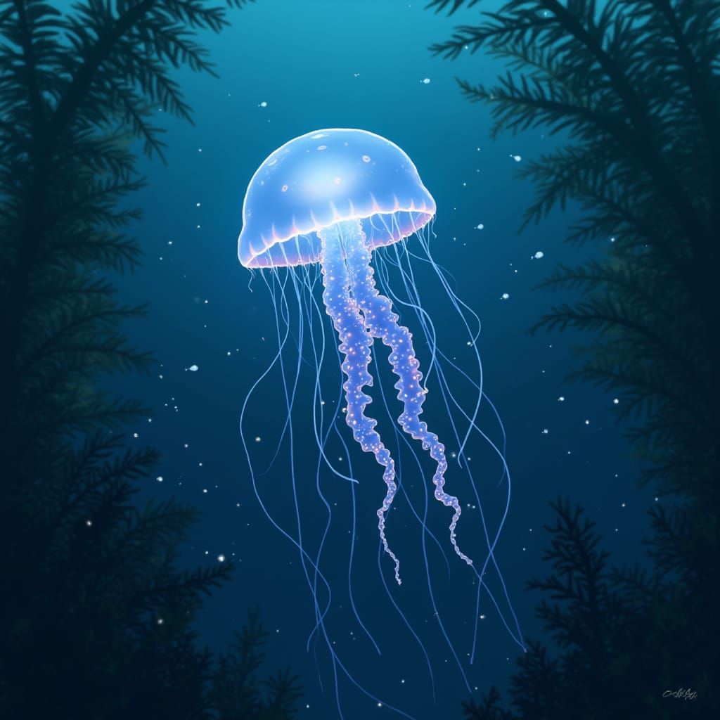 Bioluminescent Jellyfish in Ghibli-Inspired Kelp Forest