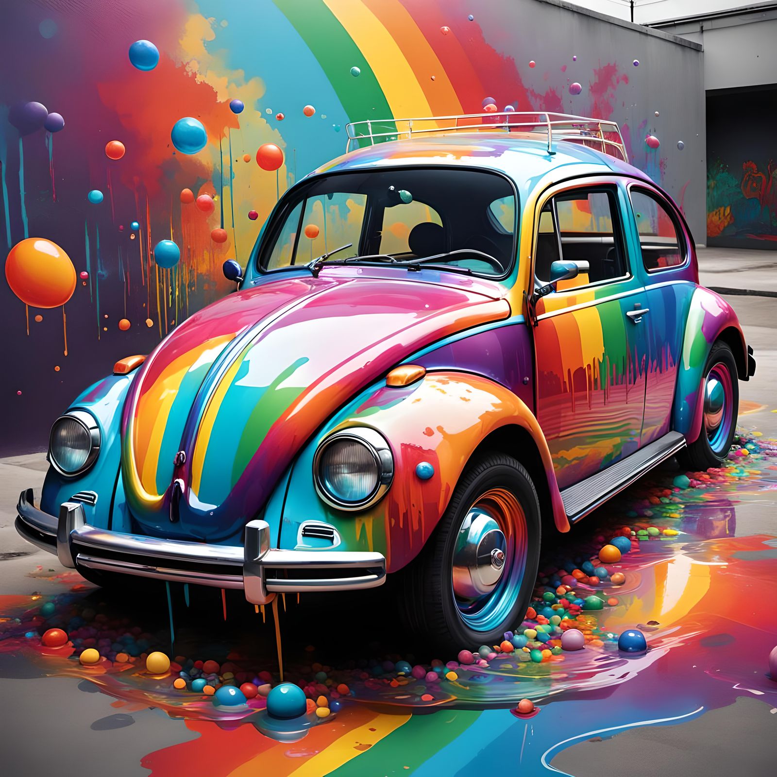 Colorful rainbow Volkswagon Beetle inside a floating bubble graffiti art, splash art, street art, spray paint, oil gouac...