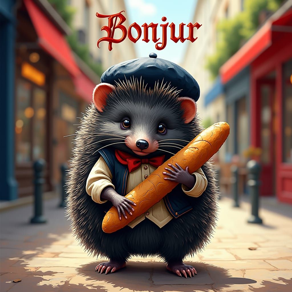 Hedgehog in French Outfit on Parisian Street