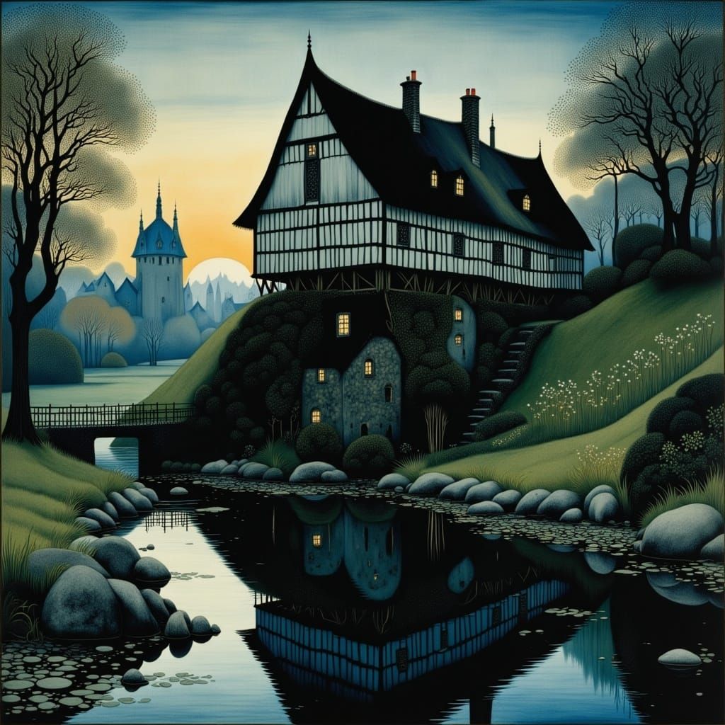 Whimsical Watermill in Soft Evening Light
