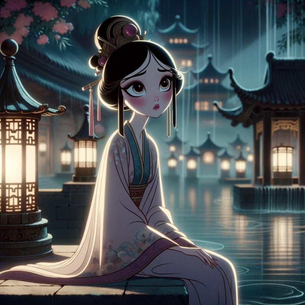 Melancholy Concubine by Fountain in Classic Animation Style