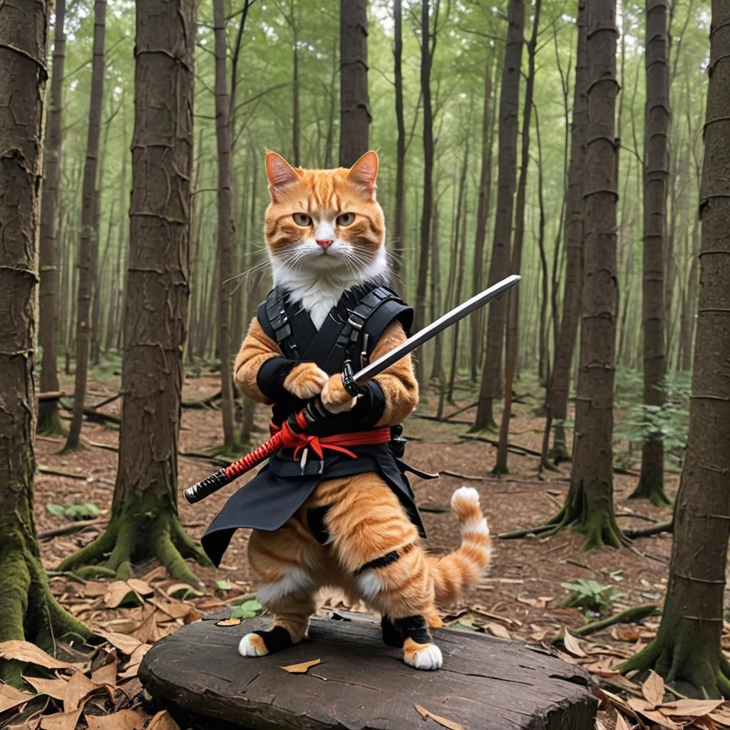 Ninja Ginger Cat with Katana in Forest