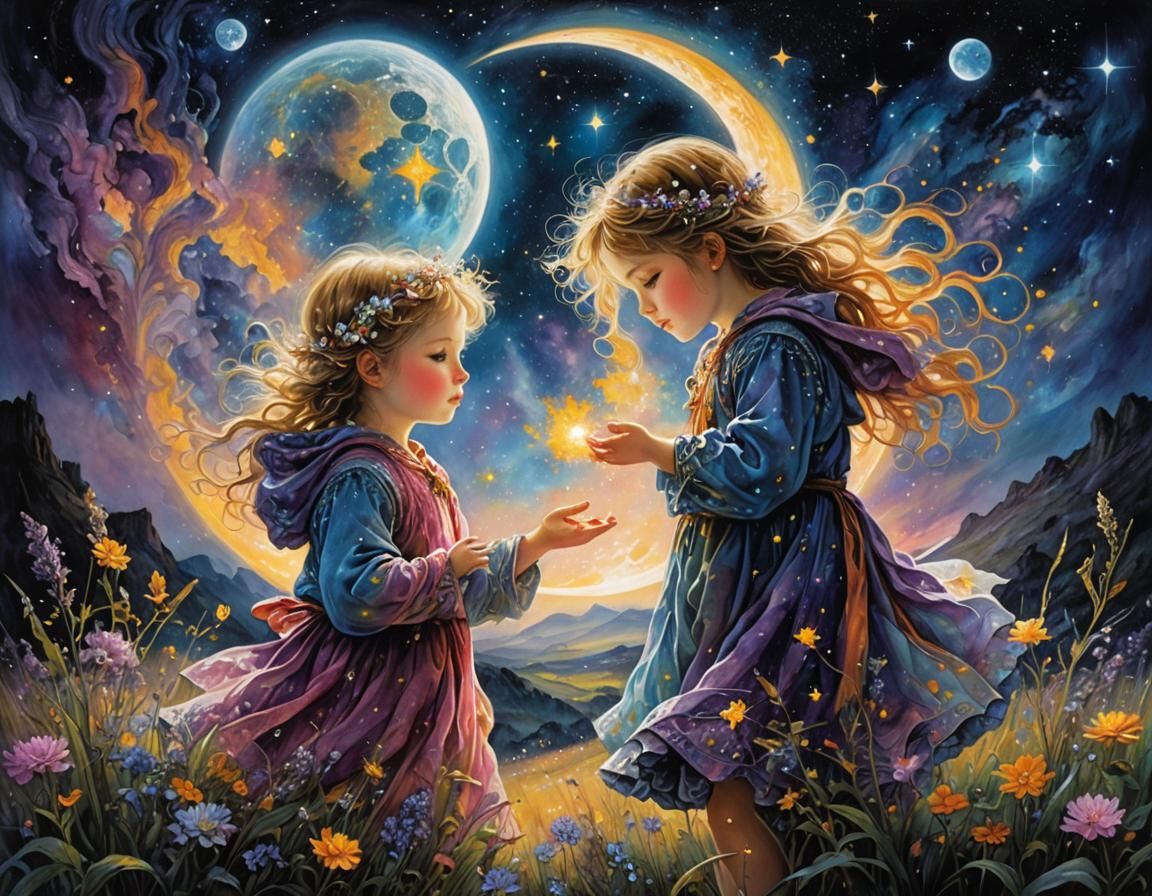 Children Playing Under Starry Sky, Ethereal Dream Art