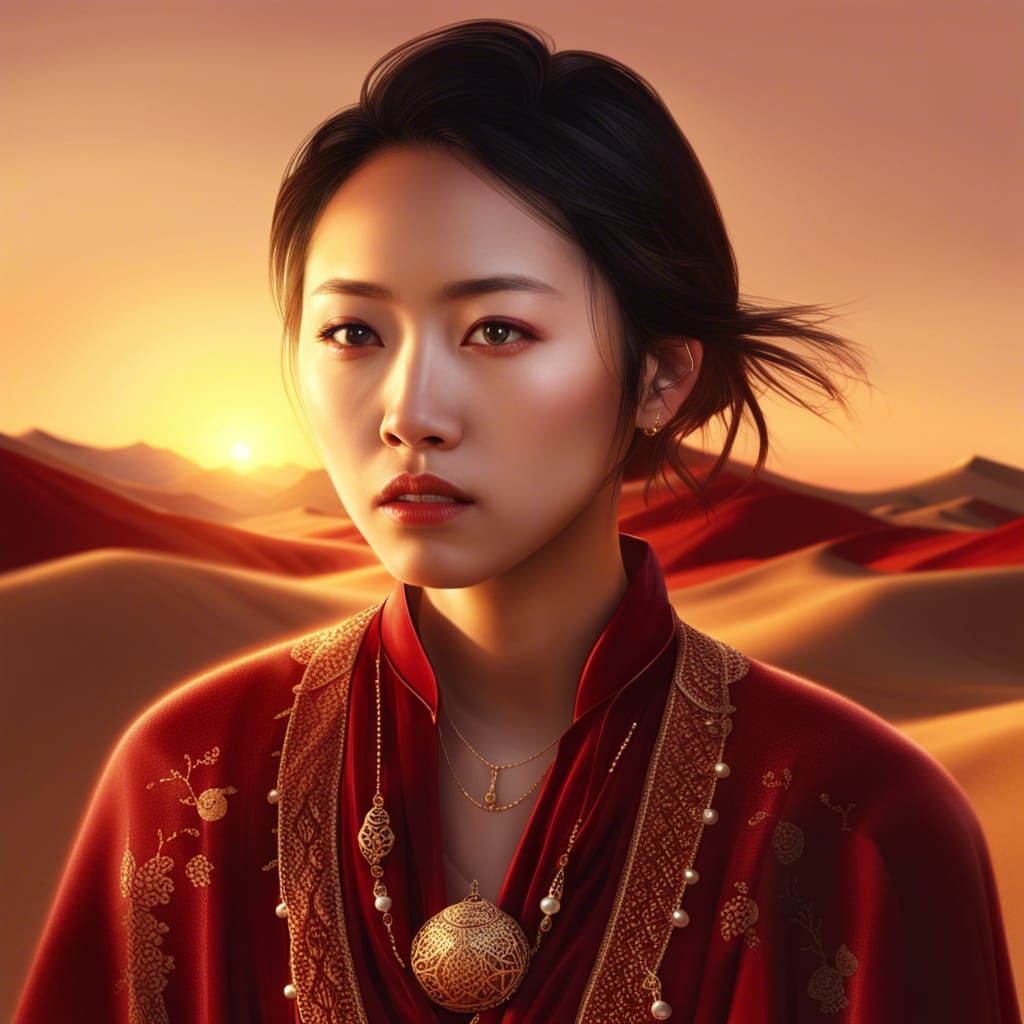 Chinese Woman in Desert Sunset, Photorealistic Portrait