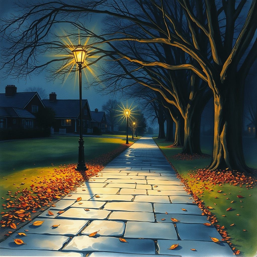 Wet on Wet Watercolor: Dimly Lit Park Pathway at Night