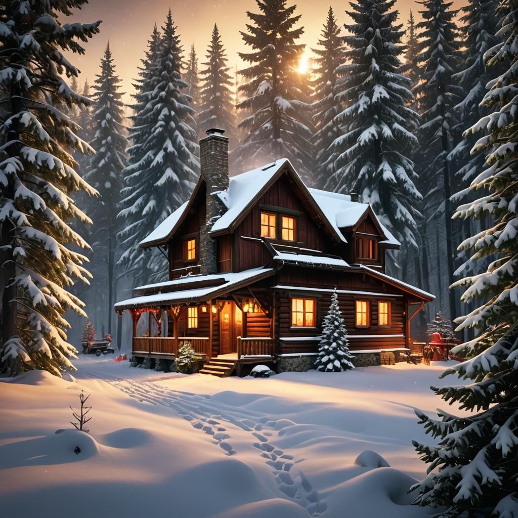 Cozy Christmas Cabin in Winter Snowscape