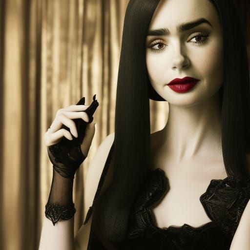 Lily Collins as Morticia Addams: Hyperrealistic Portrait
