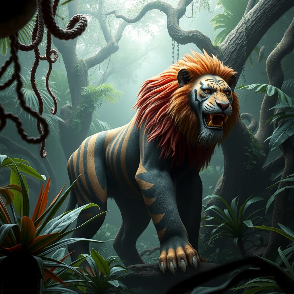 Hybrid Lion, Gorilla, Tiger Creature in Jungle