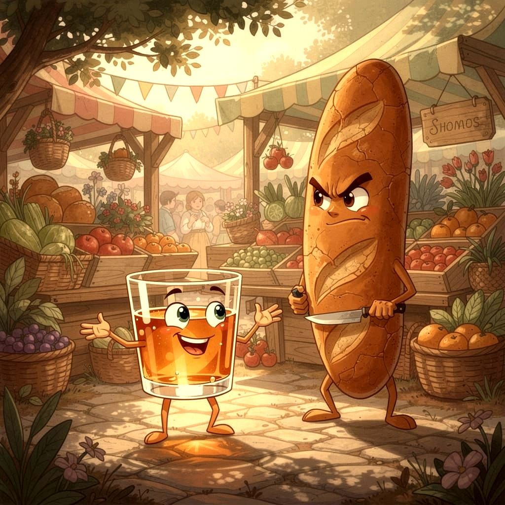 glass of whiskey and an angry baguette